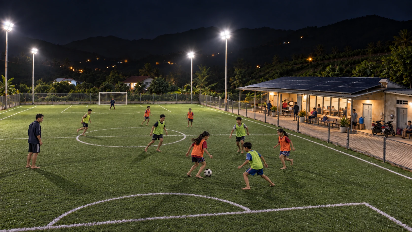 Children playing football at night on a floodlit community pitch, next to a solar-roofed hub