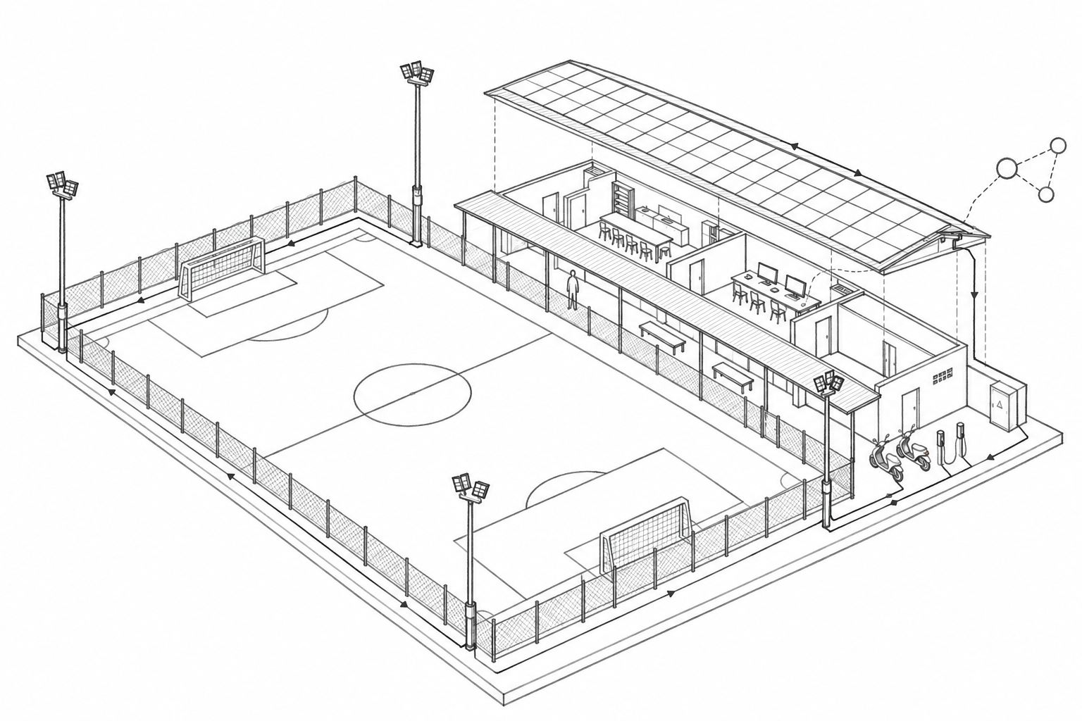 Vue dessinée en perspective d’un Community Field : terrain éclairé, bâtiment communautaire ouvert, toiture solaire, ordinateurs et recharge de scooters.