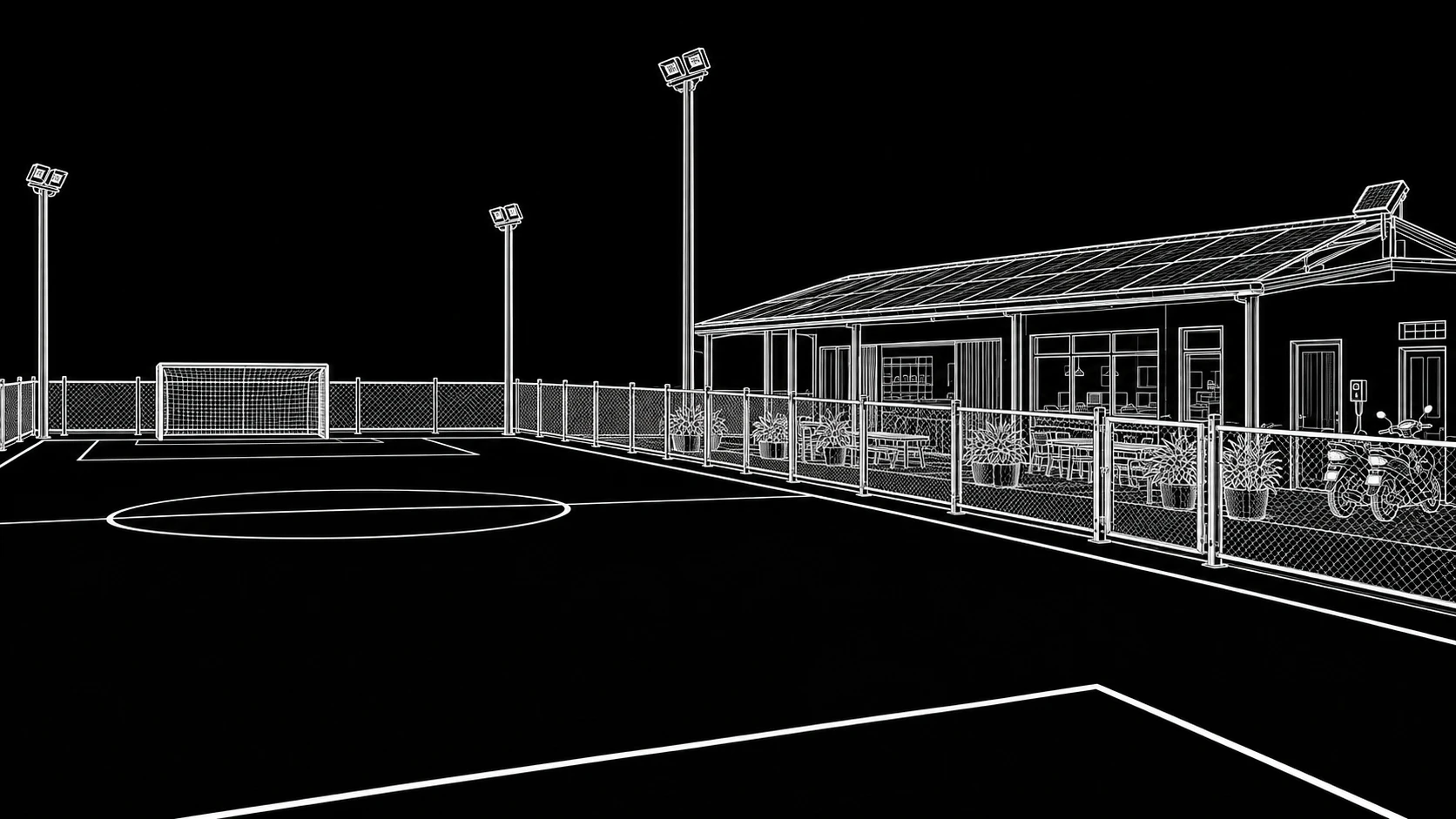 Line drawing of a community football pitch with floodlights and a solar-roofed hub
