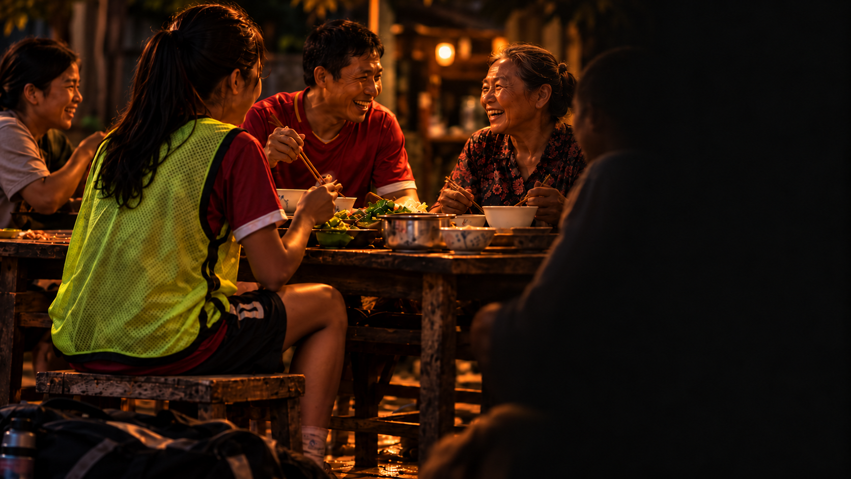Players, family and neighbours sharing a meal around a wooden table at night